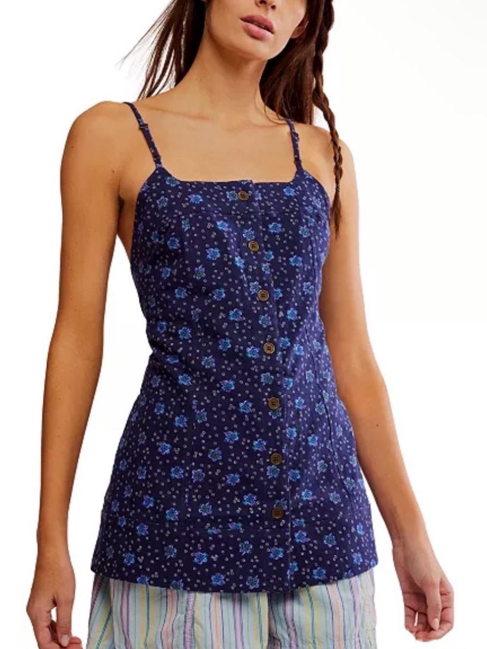 Free People Women Maddie Printed Floral Blue Tunic Size Medium NWOT